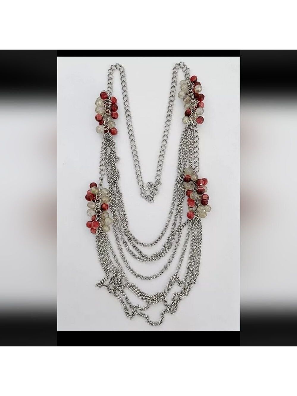 BANANA REPUBLIC SILVER TONE MULTI-STRAND RED RESIN BEADS 30"-33" NECKLACE